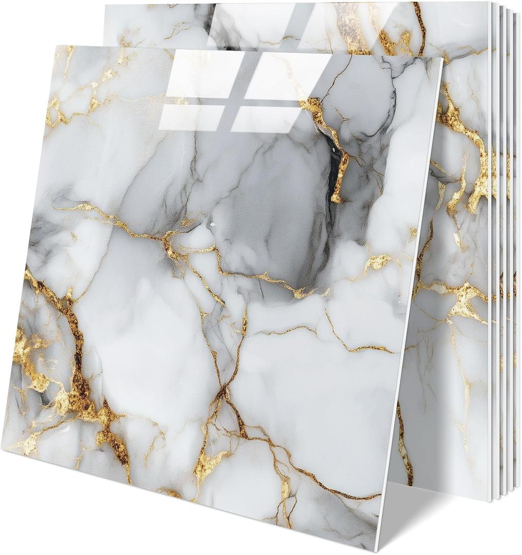 10 Sheets Marble Peel and Stick Backsplash Tile, 12"x12" Waterproof PVC Self Adhesive Tile Shower Wall Panels for Bathroom, Kitchen, Living Room (Metallic White)