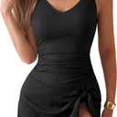 One Piece Swim Dress Swimsuits for Women Tummy Control Swimdress Skirt V Neck Bathing Suit (Large, Black Ribbed)