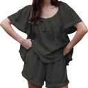 Esmeling Women Summer 2 Piece Pajamas Ruffled Short Sleeve Tops and Shorts Cute Bow Front Pajama Sets (Black, M)