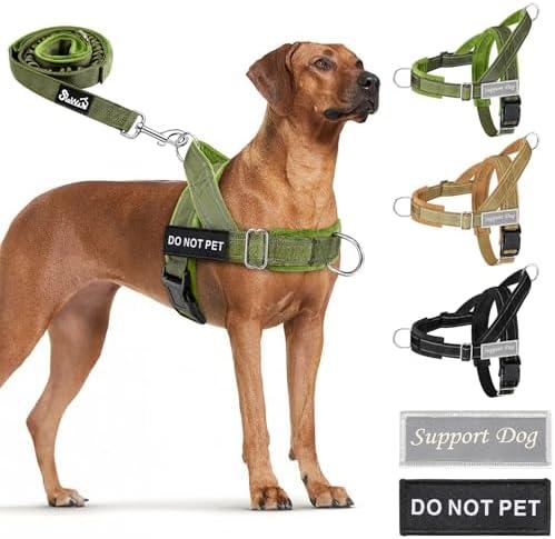 SlowTon No Pull Dog Harness - Heavy Duty Dog Harness and Leash Set for Medium Large Dogs, Reflective Tactical Harness with Soft Padded and Front Clip for Easy Walk and Training (Green, M)