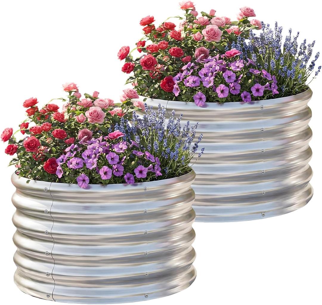 AHEONLAR 2 Pack 2x2x1.5ft Round Galvanized Raised Garden Bed Outdoor Metal Planter Box for Vegetables Steel Raised Beds for Gardening Silver