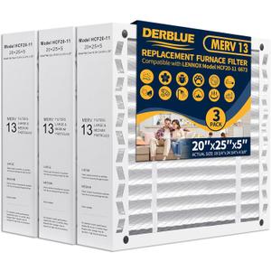 DerBlue 3PACK 20x25x5 MERV 13 Furnace Filter Replacement Compatible with Lennox X6673 HCF20 Pleated HVAC,Foldable Design for Easy Installation & Space-Saving (Actual Size: 19.75 x 24.75 x 4.38 In)