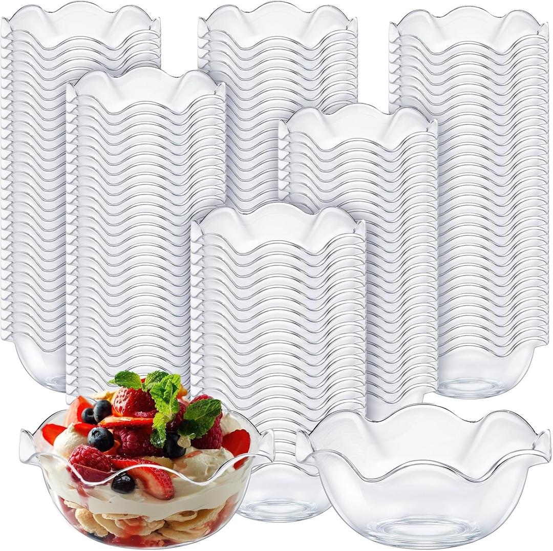 150pcs 6oz Small Plastic Dessert Bowls Ice Cream Bowls Reusable Flower Shaped Party Serving Elegant Buffet Serving Cups for Nuts, Salad, Fruit, Snacks and Yogurt (Clear)