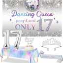 Trgowaul 17th Birthday Dancing Queen Party Decorations, Silver 17 Year Old Dancing Queen Banner, Tablecloth, 17 Sash and Crown, Cake Topper, Sweet 17th Birthday Party Supplies for Girls