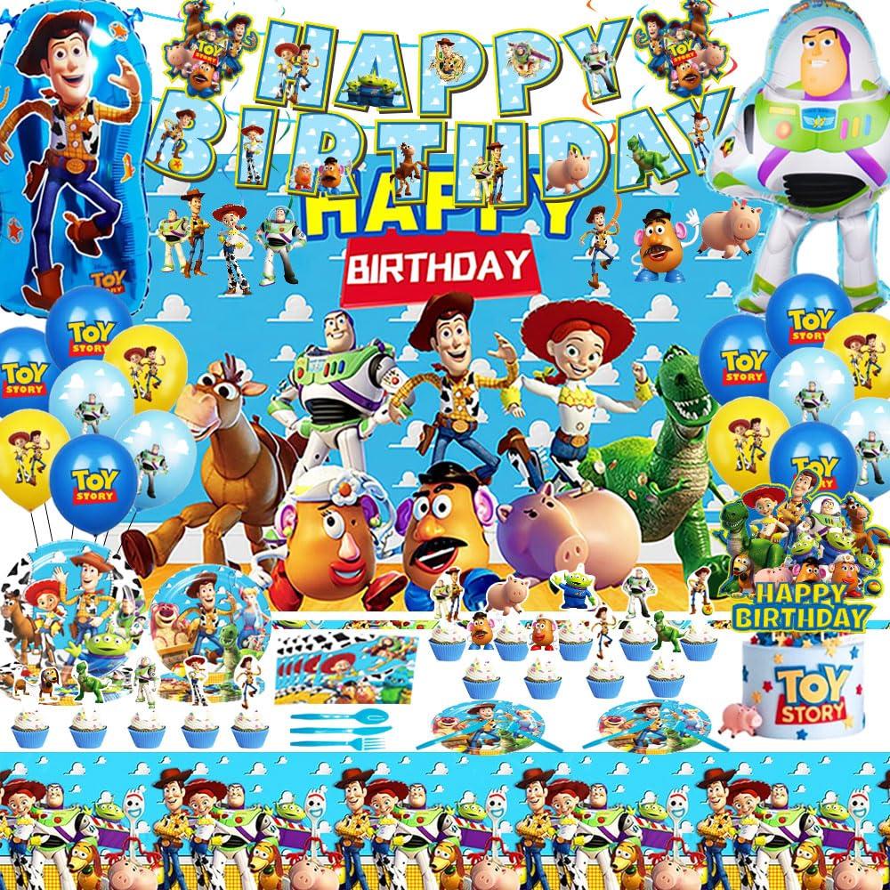 Toy Themed Story Birthday Party Decorations, Toy Themed Story Party Supplies Including Backdrop, Birthday Banner, Hanging Swirls, Balloons, Cake Toppers, Plates, Forks and Napkins for Birthday Party