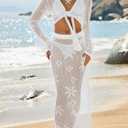 Saodimallsu Womens Crochet Swim Cover Up 2 Piece V Neck Long Sleeve Wrap Tie Crop Tops Beach Boho Maxi Coverup Set, Small