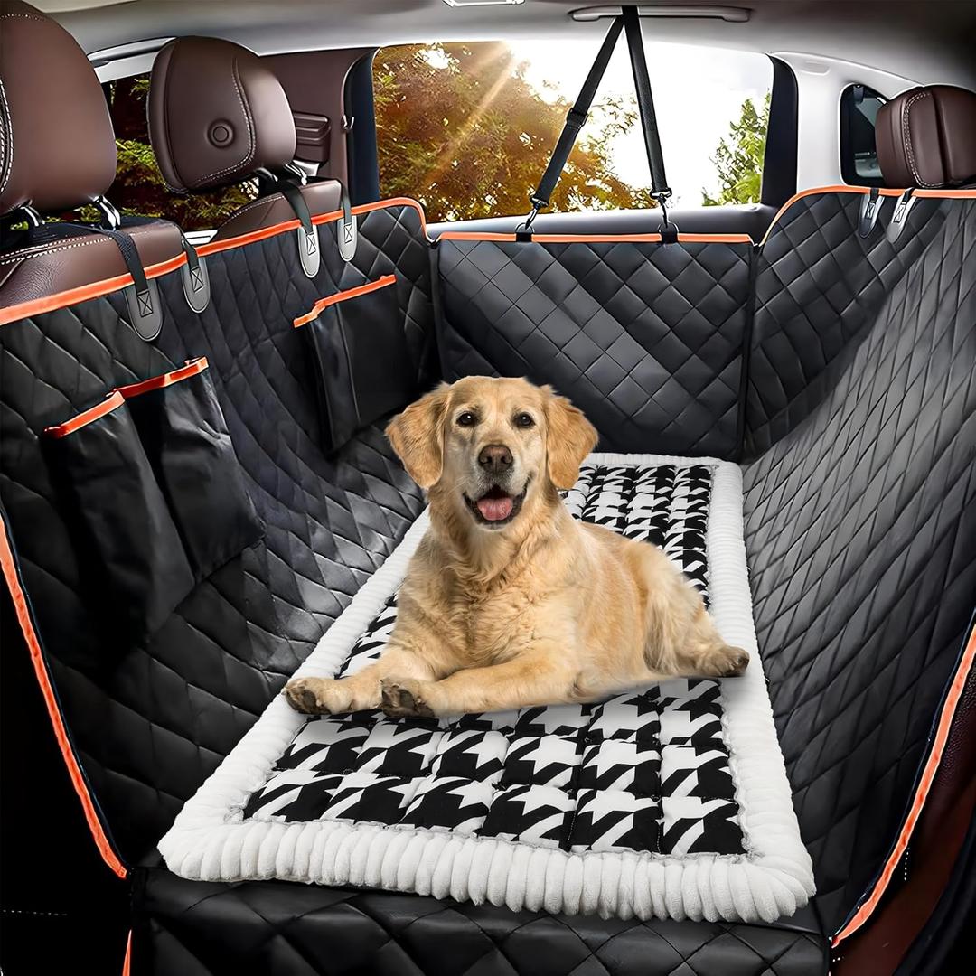 Backseat Pet Bed Mat,Dog Bed for Car,Fuzzy Dog Seat Cover for Car Back Seat, Non-Slip Travel Pet Mat, Fit for Backseat Extenders and Seat Covers (White and Black)