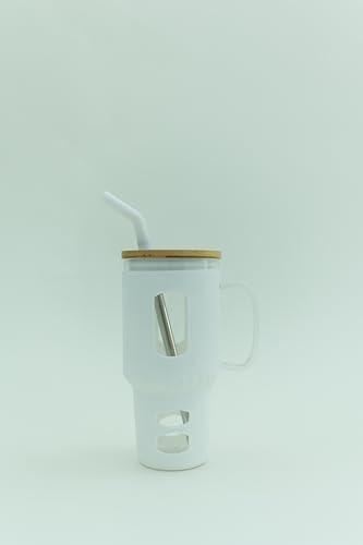 Glass Tumbler with Silicone Sleeve and Bamboo Lid, 32 oz, with Straw (White) Glass Tumbler with Silicone Sleeve and Bamboo Lid, 32 oz, with Straw (White)