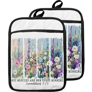 Christian Pot Holders with Pockets, His Mercies are New Every Morning Bible Verse Floral Oven Pot Holders Heat Resistant Oven Mitts Hot Pads for Kitchen Baking Cooking