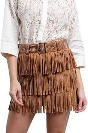 Womens Sparkle Rhinestone Fringe Shorts Pants Elastic Band Skort Western Cowgirl Mini Skirt Built-in Short, Size L 