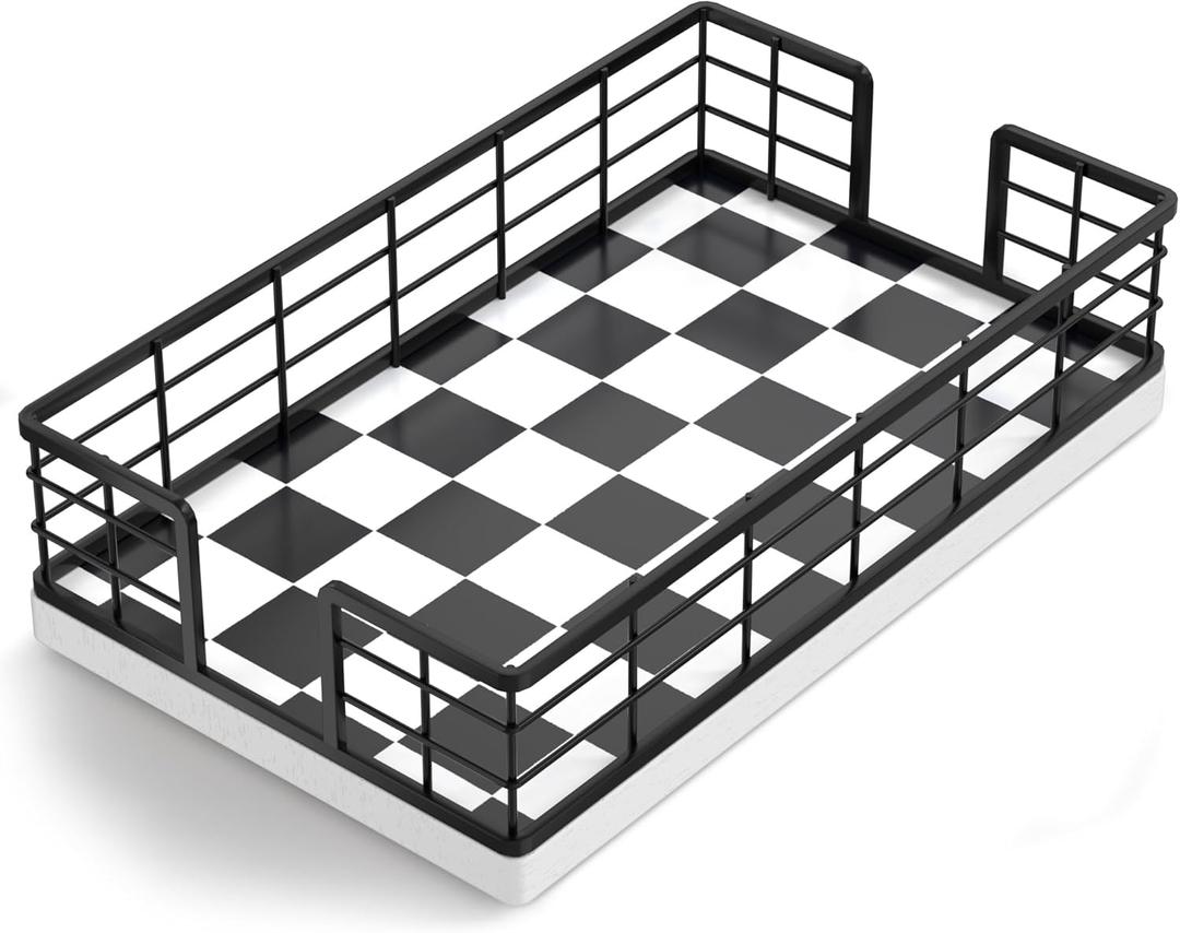 Wican Guest Towel Holder Tray for Bathroom, Oak and Iron Napkins Holder for Powder Room Dinning Table Wooden Basket for Disposable Paper Hand Towels Black and White (9.06 x 5.51 x 2.56 inches)