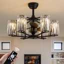 27" Crystal Ceiling Fan with Light and Remote Control 6-Light Black Vintage Crystal Caged Fandelier Luxury Large Chandelier Ceiling Fan for Dining Living Room Kitchen Bedroom