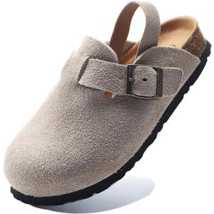 Boys Girls Suede Clogs Unisex Toddler Slip-on Slippers Kids Outdoor Indoor Flat Shoes Classic Cork Adjustable Buckle Mules Cute Sandals (4-5 Toddler, Beige)