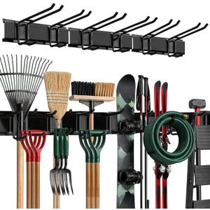 TIDYME Garage Wall Organizer | 48" Heavy-Duty Tool Storage Rack | Adjustable Double-Layer Hooks | 300 lbs Capacity | Carbon Steel Wall Mount Holder for Shovels, Rakes, Ladders & Power Tools