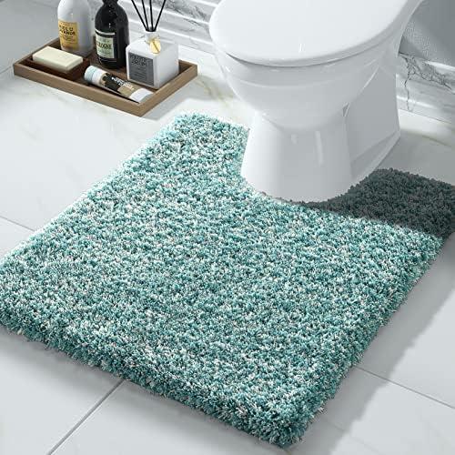 Yimobra Toilet Rugs U Shaped 24x20, Ultra Soft and Water Absorbent Bath Mats, Non Slip Fluffy Luxury Microfiber Contour Bath Rugs for Toilet, Dry Quick, Machine Washable, Teal and White