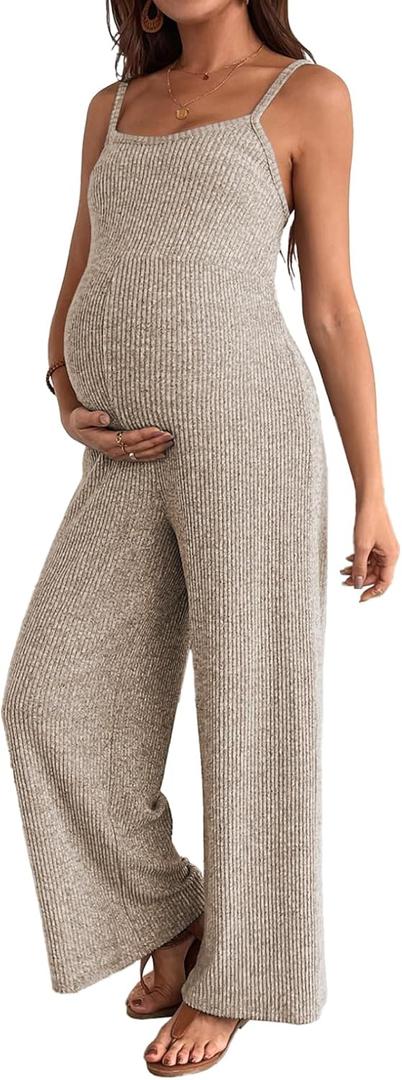 BLENCOT Maternity Ribbed Jumpsuit Sleeveless Square Neck Wide Leg Stretchy One Piece Romper XL