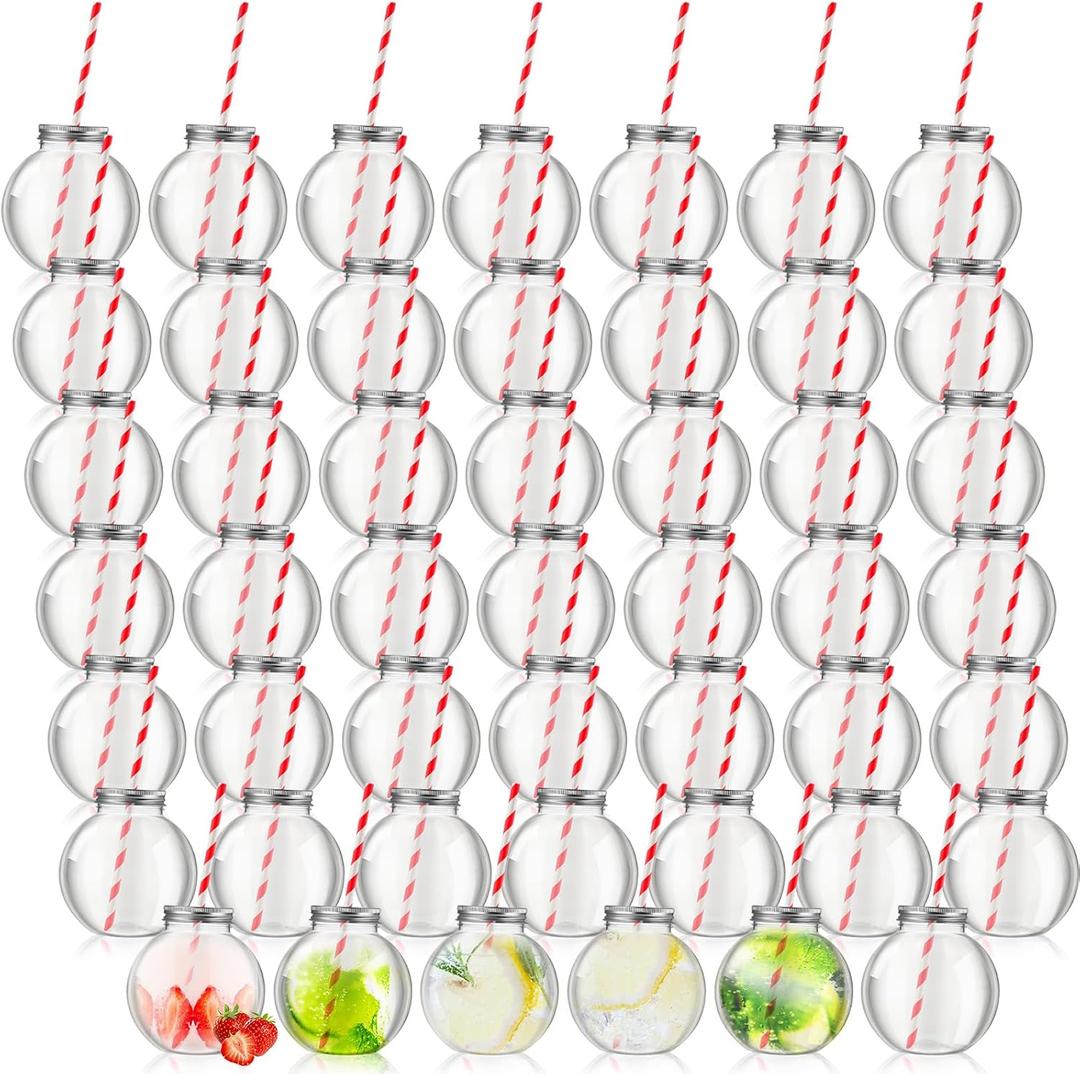 Yaomiao 48 Pcs 10 oz Mini Plastic Fish Bowl Ornament Cups for Drinks Clear Spherical Potion Bottles with Lids and Straws Bulb Cups for Christmas Carnival Candy Party Decorations (Red), 3.35 X 3.58 Inches