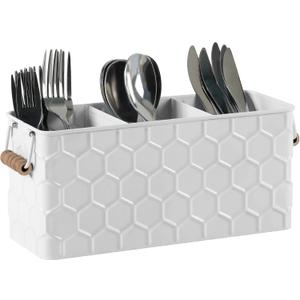 Silverware Caddy for Party Kitchen Flatware Holder for Countertop Metal White Honeycomb Pattern Embossed Cutlery Organizer with 3 Compartments for Utensils, Spoons, Knives, Forks, Cups,
