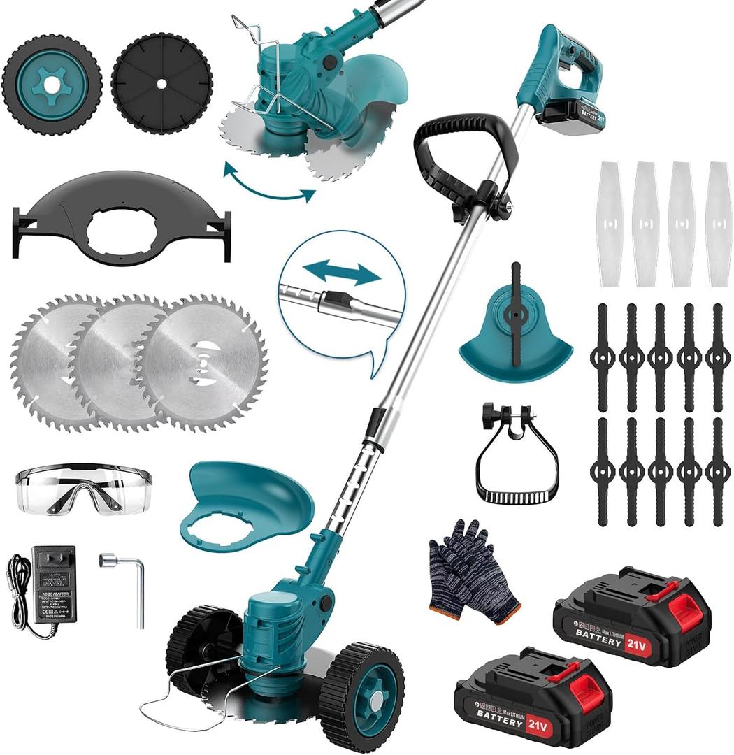 Cordless Lawn Mower & Weed Wacker Combo - 21V Electric Lawn Mower with 3 Blades, 2 Lithium Batteries, for Yard/Garden. Includes Gifts - Father's Day Present for Dad/Husband