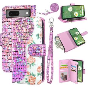 Floral Wallet Case for Google Pixel 7 5G with Wrist Strap Shoulder Strap Flip Zipper Purse Card Holder, Luxury PU Leather Stand Sparkly Glitter Phone Cover for Pixel7 Pixle Seven 6.3 Pink
