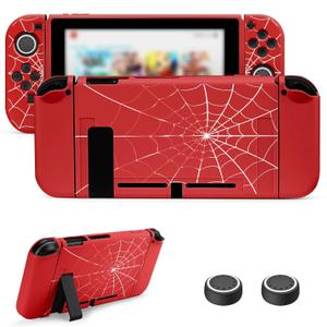 JINGDU Protective Case Compatible with Nintendo Switch 2017, TPU Case Accessory for Switch Console and Grip Joy-Con, Switch Protector with 4 Thumb Grips, Red Spider Web