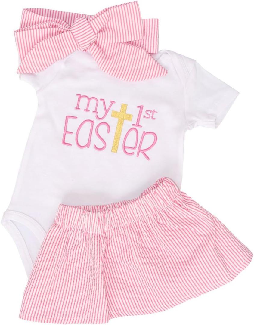 Unique Baby Girls 3 Piece Snuggle Bunny Easter Romper Outfit Set (6 Months, Pink)