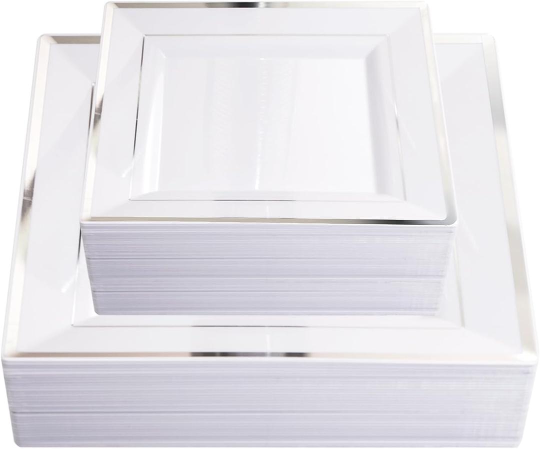 Liacere 100PCS White and Silver Square Plastic Plates - 50PCS Heavy Duty 9.5inch White Dinner Plate and 50PCS 6inch Dessert Plates-Silver Disposable Plate for PartyWedding