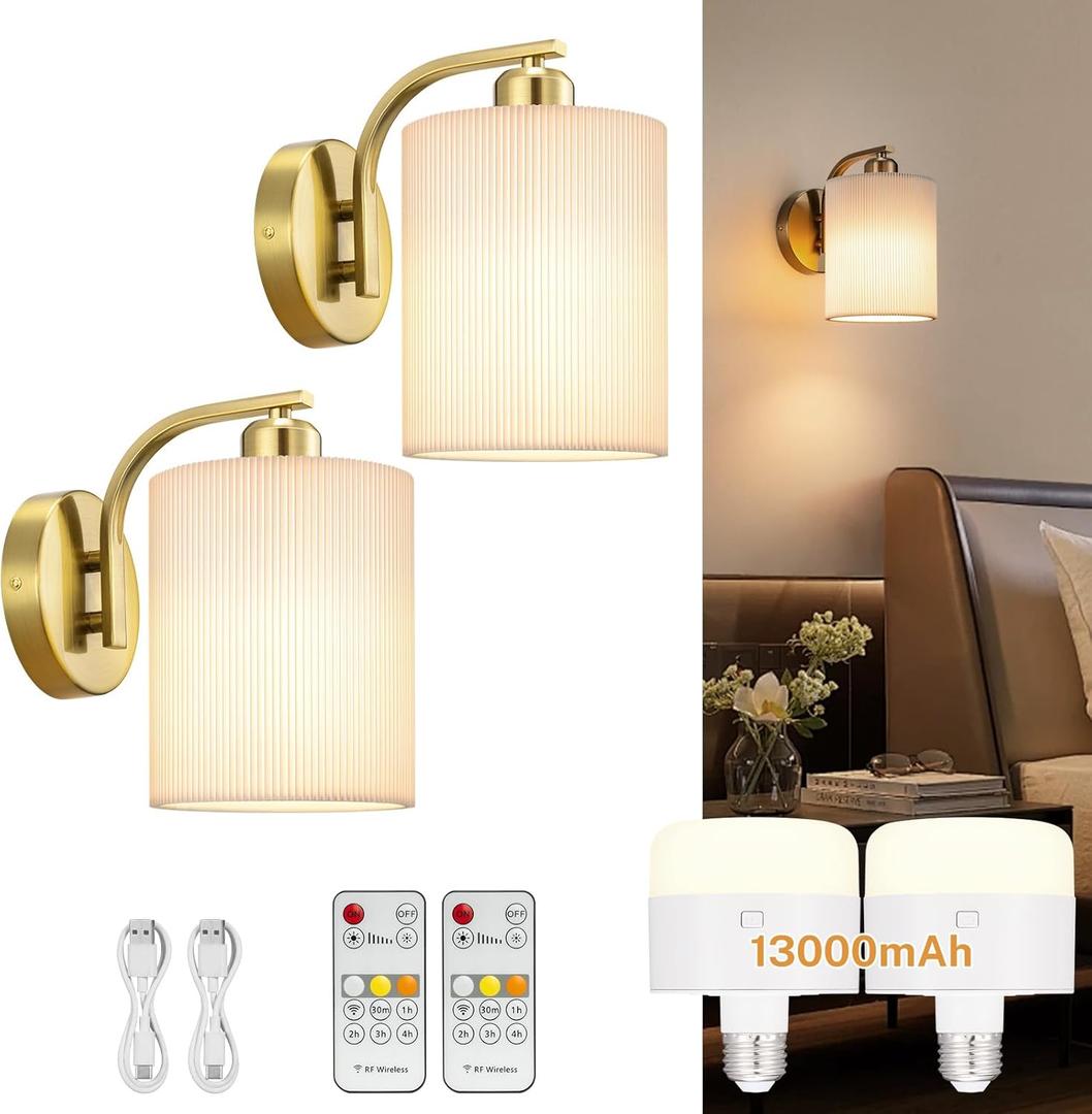 Battery Operated Wall Sconce Set of 2, Rechargeable Wall Sconce with 13000mAh Bulb Pleated Lampshade, Wireless Battery Powered Wall Sconces Set of 2 for Bedroom Living Room, Gold