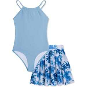 Girls One Piece Swimsuits with Mesh Skirt Tanikini Bathing Suit Swimwear 6-14Y (Blue)