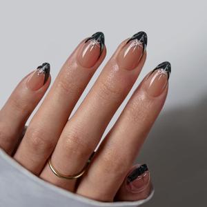 BTArtbox French Tip Press On Nails - Lamp-Curable Short Almond Black Press On Nails with Glue for Women, Semi-Transparent Soft Gel Glue On Nails in 16 Sizes - 32 Stick On Nails Kit, Midnight Spark