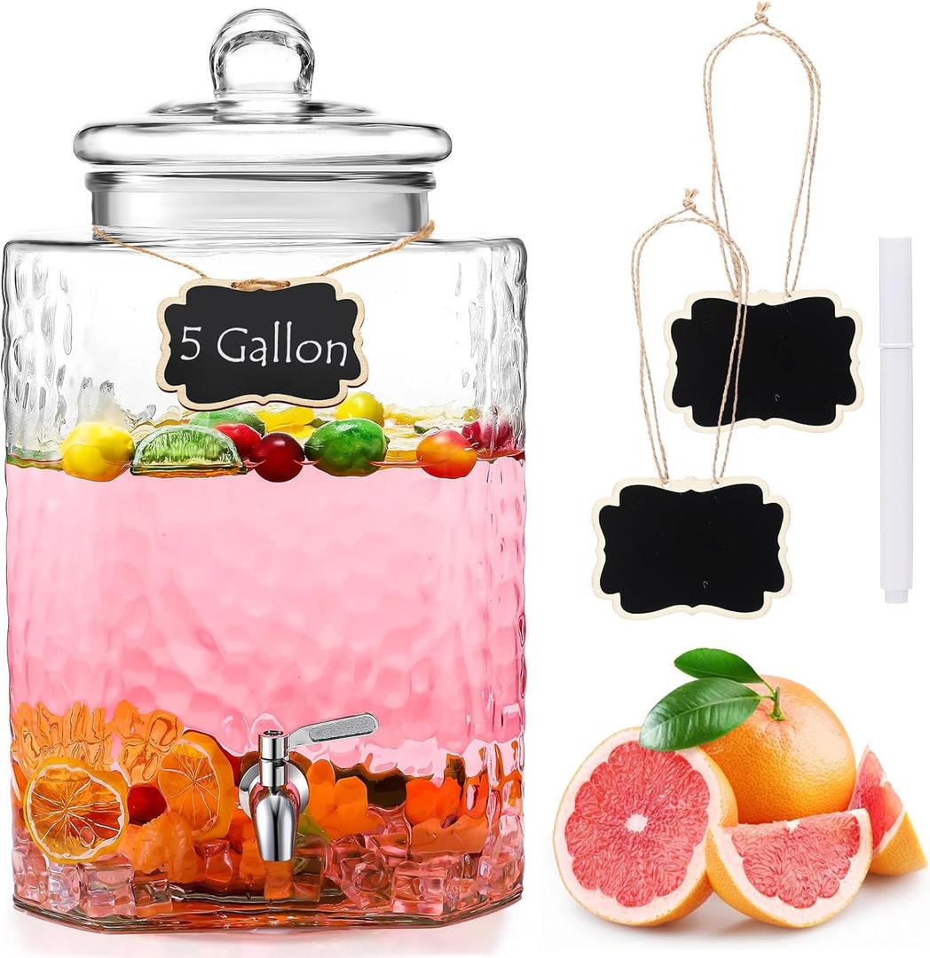 Baderke 5 Gallon Glass Drink Dispenser for Parties Beverage Glass Water Dispenser With 18/8 Stainless Steel Leakproof Spigot Hanging Chalkboard Signs Pen for Party Wedding