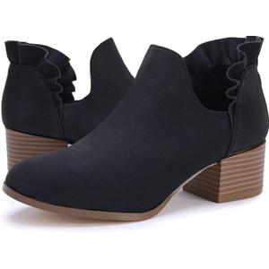 Fashare Womens Fall Cutout Booties Ankle Heels Low Stacked Ruffle Slip On Dress Short Boots Shoes (7, Blackfaux Leather)