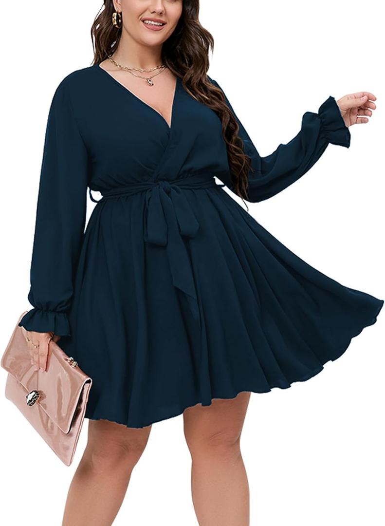 SCOMCHIC Women's Plus Size Long Sleeve Wrap V Neck Tie Waist A Line Mini Dress Lake Blue 2XL