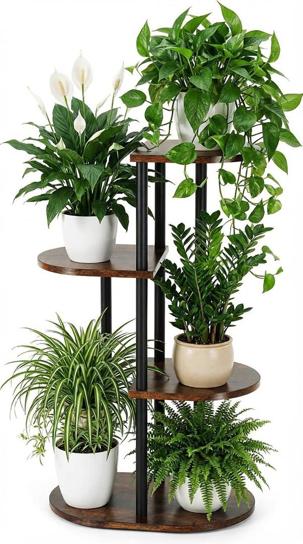 Tiered Plant Stand Indoor, Tall 4 Tier 5 Potted Wooden Plant Shelf for Multiple Flower Plants, Multi Corner Metal Plant Holder Indoor for Patio Garden Patent Design Living Room Balcony Bedroom, Rustic Brown