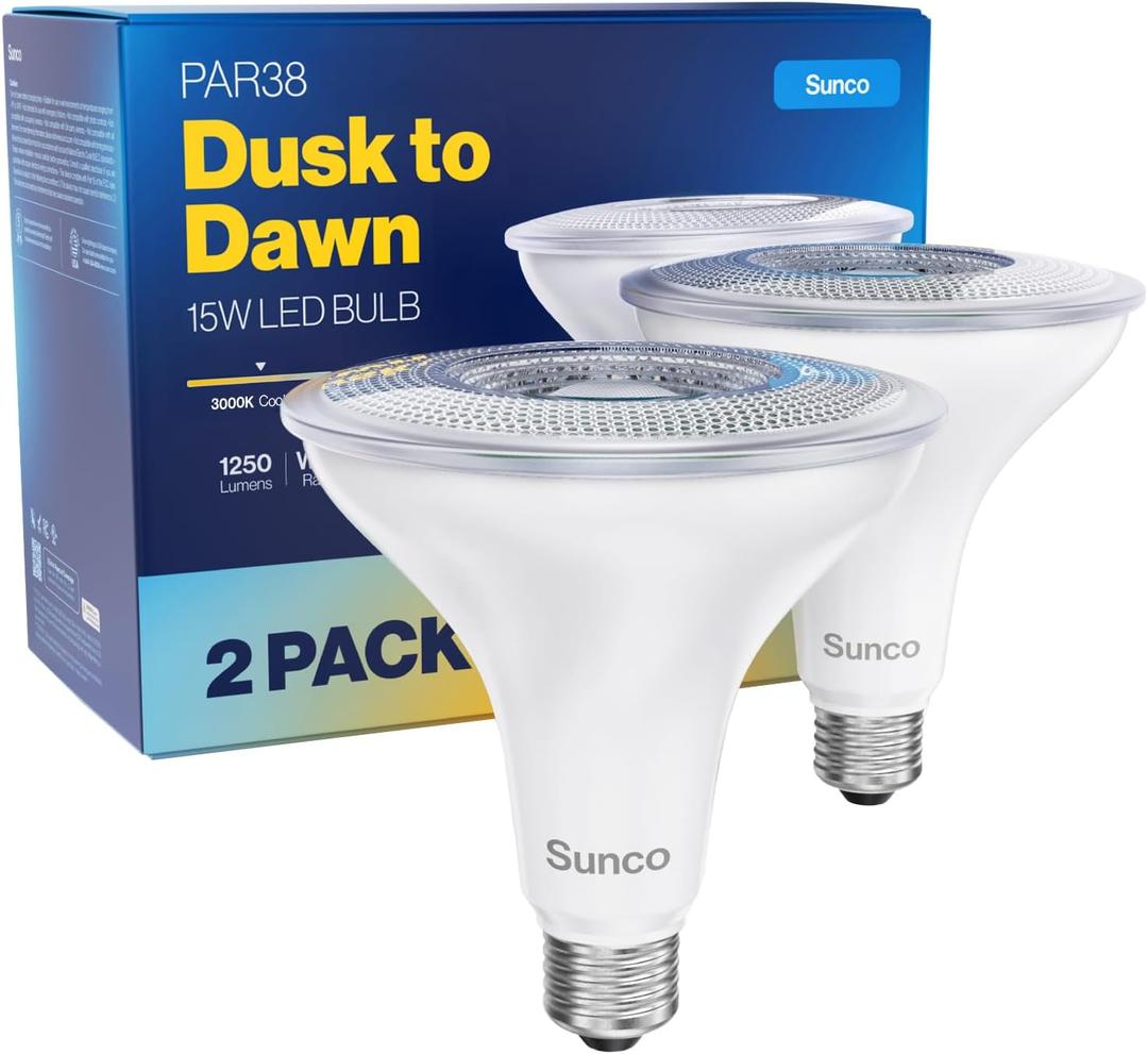 Sunco Outdoor LED Flood Light, Waterproof PAR38 Dusk to Dawn Bulb, 1250 LM, 120W Equivalent 15W, Exterior, Wet-Rated, 3000K Warm White, E26 Base, UL 2 Pack.