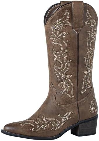 SheSole Women's Studded Cowgirl Cowboy Boots Snip Toe Mid Calf Fashion Western Boots, size -38