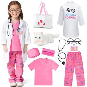 Latocos 10pcs Kids Veterinarian Costume Toddler Doctor Vet Kit Play Set Cat Coat for Boys Girls Halloween Dress Up Career Day (Pink, 110)