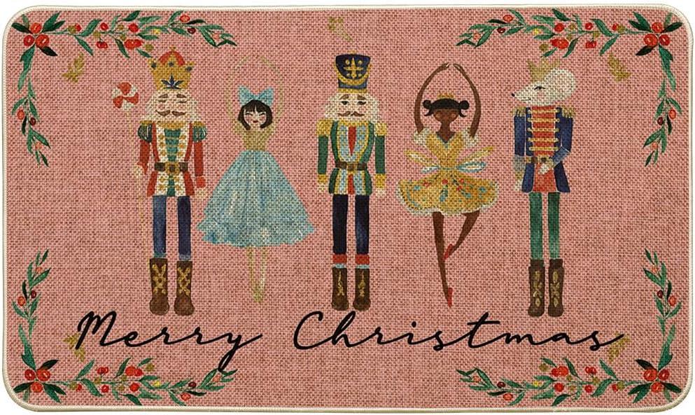 Artoid Mode Watercolor Nutcrackers Merry Christmas Doormat, Seasonal Winter Low-Profile Rug Switch Mat for Indoor Outdoor 17x29 Inch (Pink)