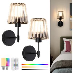 EIDISUNY Battery Operated Crystal Wall Sconces Set of 2, Wireless Wall Lamp with RGB Rechargeable Dimmable Bulbs, Modern Wall Sconce with Remote for Bedroom, Living Room, Bulbs Included(Black)