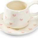 Koythin Ceramic Coffee Mugs Set with Saucer, 250ml / 8oz Cute Floral Coffee Mug Irregular Latte Art Cup, Coquette Cups for Cappuccino, Cocoa (Great Love)