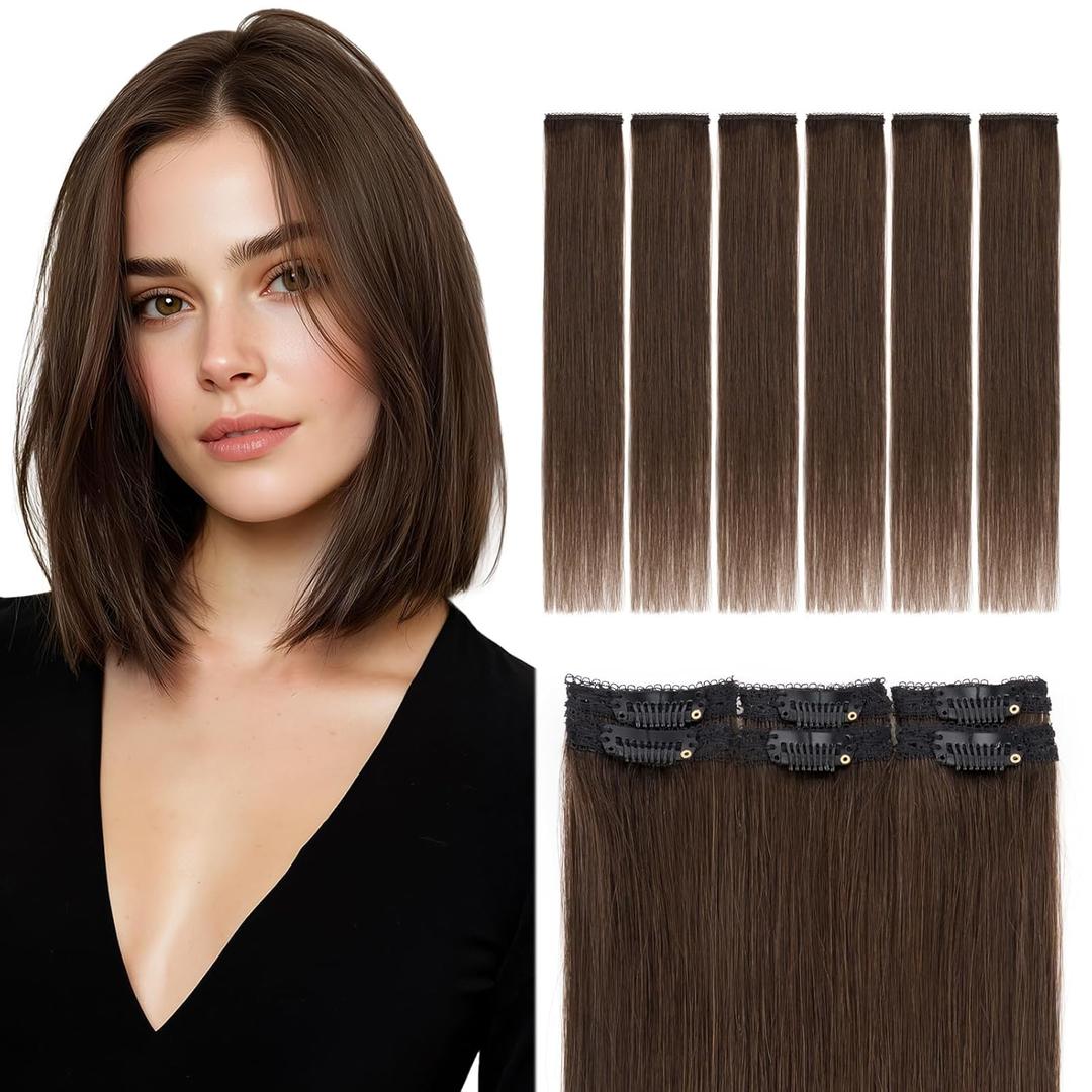 Elailite Short Clip in Hair Extensions Real Human Hair 6PCS Lace Weft Remy Hairpieces for Women Adding Volume 12 Inch Dark Brown