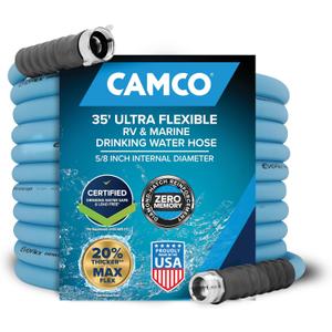 Camco EVOFlex 35-Ft RV Drinking Water Hose - Features Extra Flexible Design w/Stainless Steel Strain Relief Ends - Lead-Free, BPA-Free and Phthalate-Free - 5/8 Inside Diameter (22595)