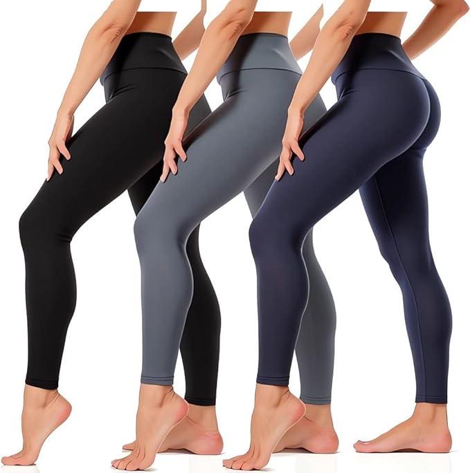 3 Packs Yoga Leggings with Pockets for Women, Soft High Waisted Tummy Control Workout Pants, Size Large, Black/Grey/Navy Blue