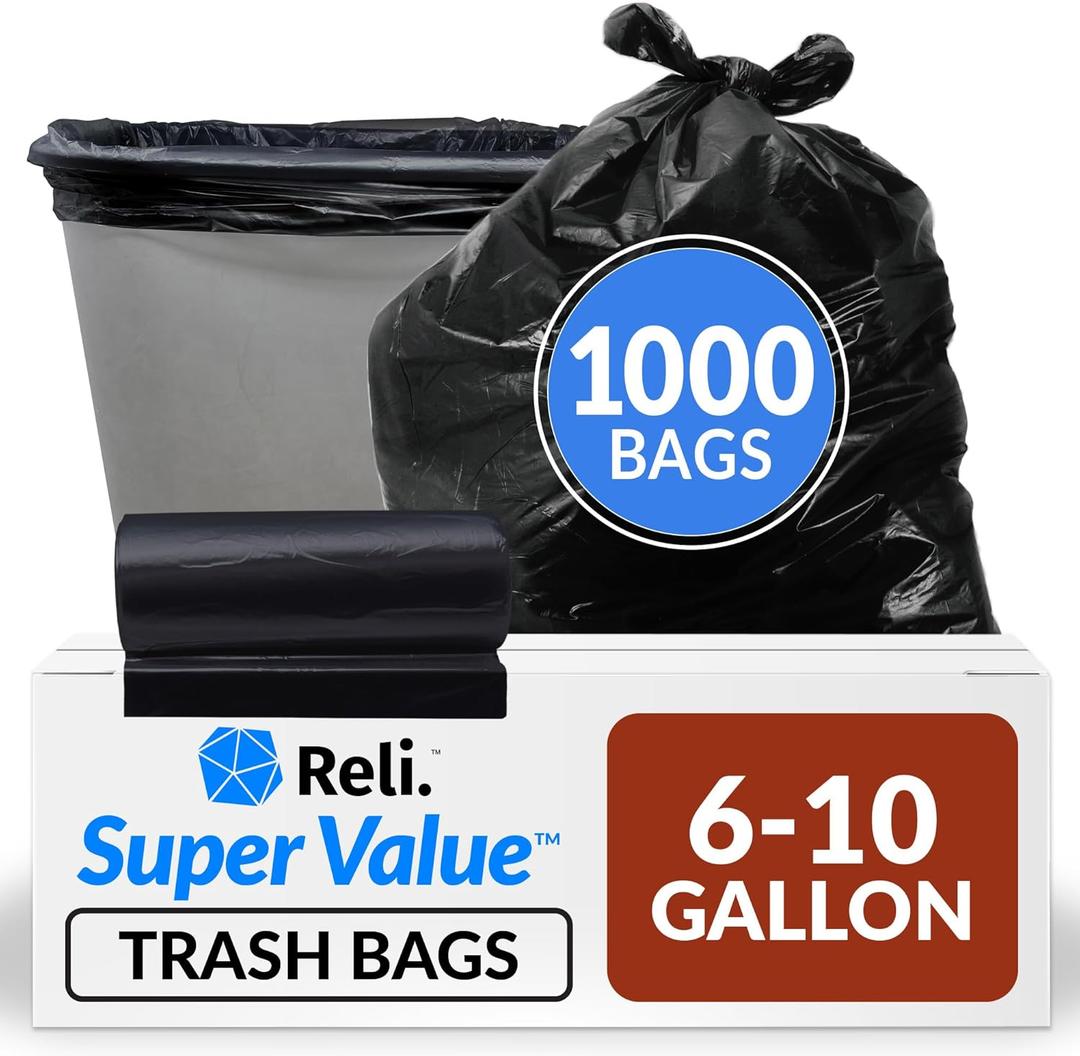 Reli. 6-10 Gallon Trash Bags | 1000 Bags | Black | Bathroom | Strong | Garbage