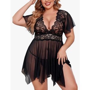 Avidlove Women's Plus Size Babydoll Floral Lace Lingerie Deep V Nighty Mesh Sleepwear, Size L