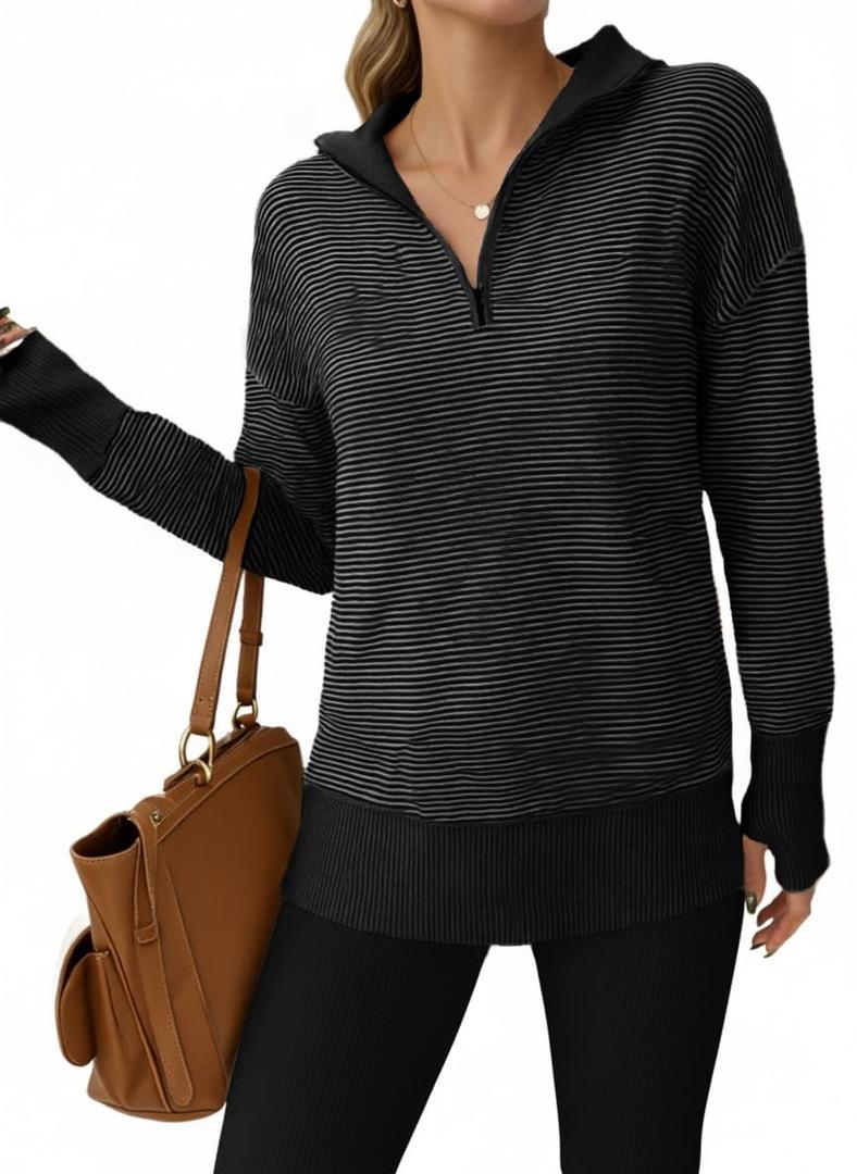 Saodimallsu Womens Quarter Zip Sweaters Striped Color Block Knit Sweatshirt Casual Trendy Pullover Tops with Thumb Hole Dark Grey (Gray)