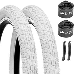 Bike Tires 16x2.125/20x2.125 2-Pack with Tubes & Levers - Compatible with Kids Bike, BMX, MTB, Mountain Bicycle - Camo Design, Thick Rubber, Puncture Protection, Replacement Tires & Inner Tubes (WHITE)