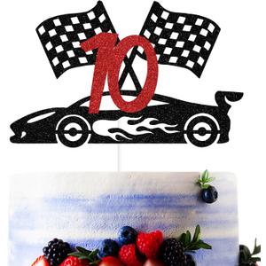 Black Glitter Race Car 10 Cake Topper, Happy 10th Birthday/Cheer to 10 Years, Race Car Themed 10th Birthday Party Decorations