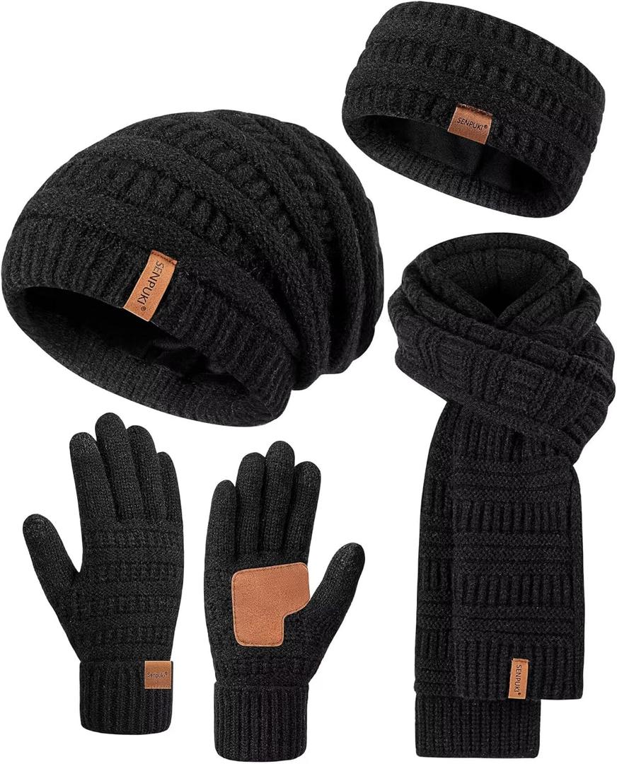 Womens Winter Beanie Hat Scarf Gloves Headband Set, Slouchy Beanie Ear Warmer Knit Scarf Touchscreen Gloves Warm 4 Gift Set, One Size (Black)