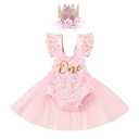 IBTOM CASTLE Baby Girl 1st Birthday Outfit, Boho Sleeveless Lace Tulle Romper Princess Tutu Dress One Year Old Clothes for Cake Smash Photoshoot Baby Shower Pink+Crown 12-18 Months, Size 90